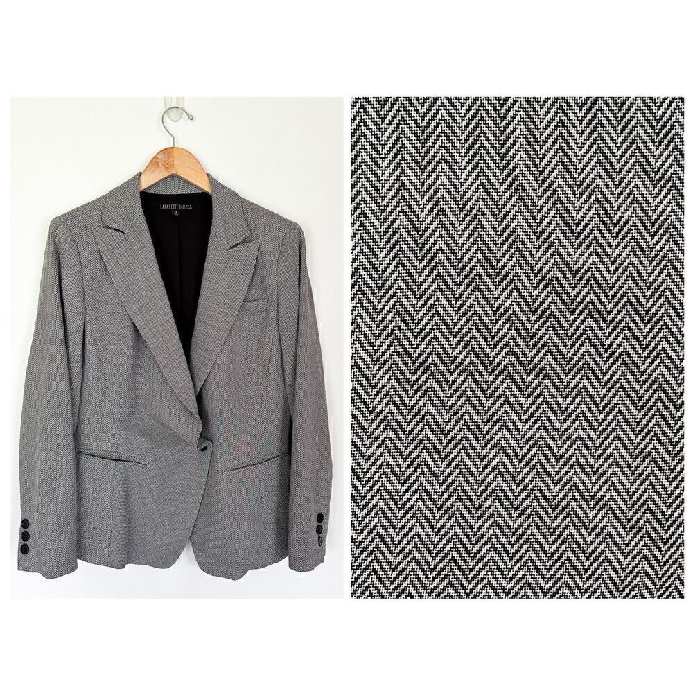 Lafayette 148 New York Women’s Black and White Chevron Menswear Wool Blend Singl